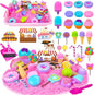 Sensory Bin Toys, Ice Cream Play Sand Set with Sensory Sand, Ice Cream Toy Molds and Cleaning Tools Sandbox with Lid Kids Play Sand Art Kits for Boys Girls 3-8 Years Old Birthday Christmas Gift