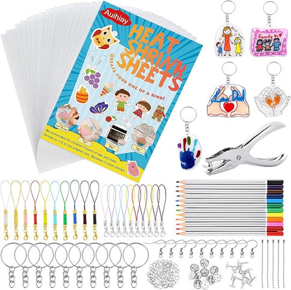 Auihiay 198 Pieces Shrink Plastic Kit Includes 20 Sheets Shrink Papers, Hole Punch, Keychain Accessories and Pencils for Shrinky Art and DIY Keychain Making Easter Mother Day Ornament