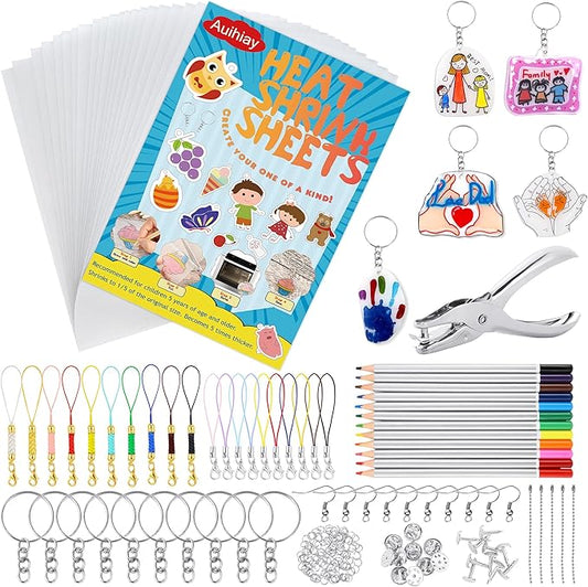 Auihiay 198 Pieces Shrink Plastic Kit Includes 20 Sheets Shrink Papers, Hole Punch, Keychain Accessories and Pencils for Shrinky Art and DIY Keychain Making Easter Mother Day Ornament