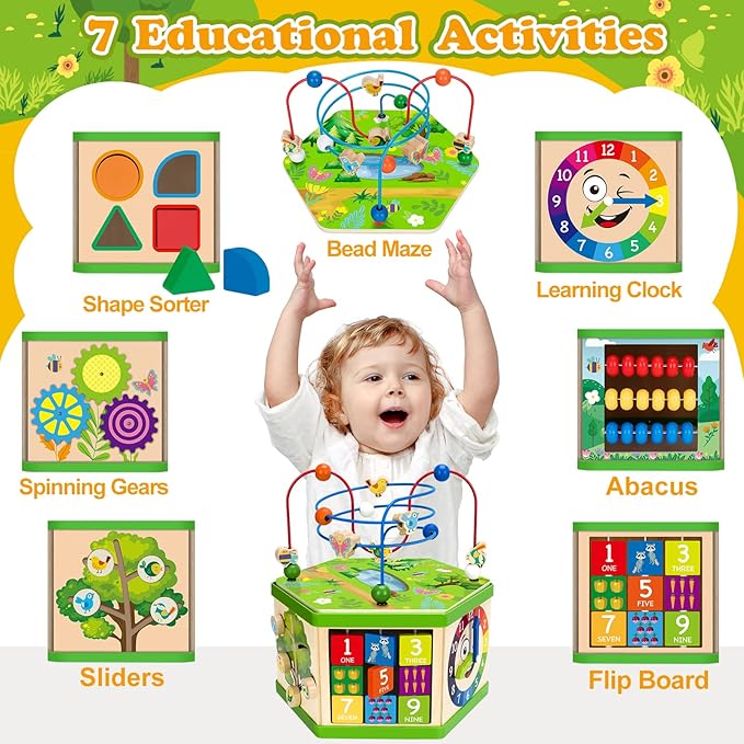 Wooden Activity Cube for 1 Year old, 12-18 Month Boys & Girls, 7-in-1 STEM Montessori Early Developmental Learning Toys for Kids Aged 1-2, Ideal 1st Birthday Gift Toys for Baby, Toddlers (Green)