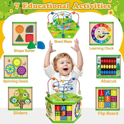 Wooden Activity Cube for 1 Year old, 12-18 Month Boys & Girls, 7-in-1 STEM Montessori Early Developmental Learning Toys for Kids Aged 1-2, Ideal 1st Birthday Gift Toys for Baby, Toddlers (Green)