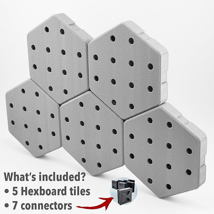 Hexagon Pegboard Tiles, 4.5"x4" each, 5-Pack, Normal-Sized Holes, Make Custom Designs, Easiest to Mount, Expand Existing Pegboard or Fill In Unused Space, Hexboard (Steel Gray, 4-inch)
