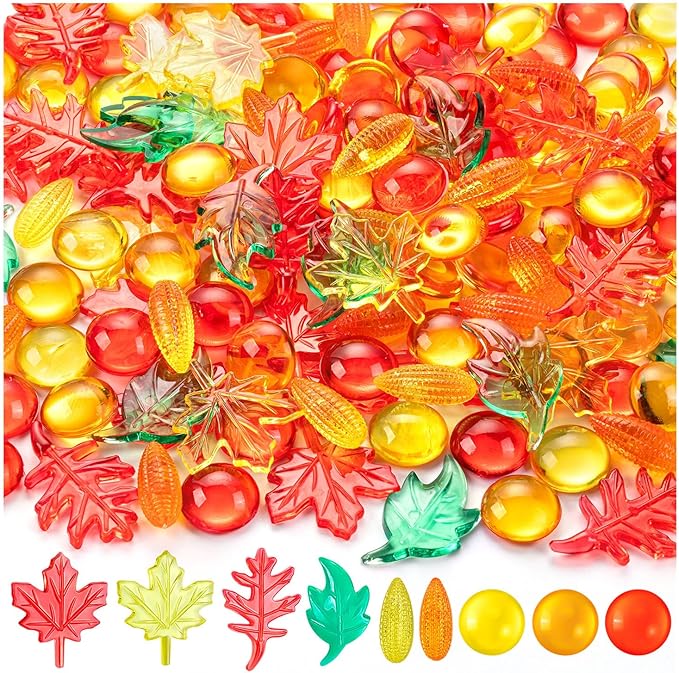 300Pcs Thanksgiving Vases Filler, Mini Acrylic Maple Leaves Corn Gem for Fall Table Centerpieces Decorations