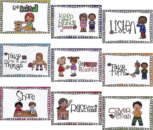 Alpurple 9 Pcs A4 Classroom Rules Posters, Preschool Class Rules Poster, Classroom Rule Behavior Educational Posters, Good Habits Manners Chart for Preschool and Primary school Supplies