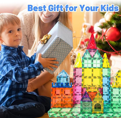 Magnetic Tiles, 100PCS Kids Magnetic Blocks Toy Set, Magnet Tiles 3D Clear Building Blocks Set with 2 Cars, STEM Sensory Educational Toys Gift for Toddlers Boys 3 4 5 6 7 8 9