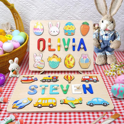 Personalized Name Puzzle for Kids, 1st Birthday Gifts for Girl Boy, Easter Basket Stuffers for Toddler, Custom Easter Christmas Baby Gifts, Toddler Learning Toys, Wooden Name Puzzles for Toddlers 1-3