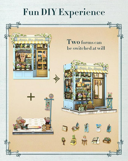 Cutefun Book Nook Kit - DIY Miniature House Kit for Adults and Teens, 3D Wooden Puzzle Mini House Building Kit with LED, Dollhouse Kit Bookshelf Insert Decor Creative Gifts (Anna's Blue Blossom)