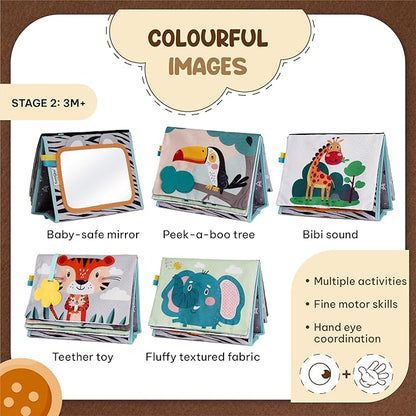 Tummy Time Mirror for Babies - High Contrast Book with Large Stimulating Baby Safe Mirror & Silicone Teether & Crinkle Pages - Perfect Tummy Time Toys for Babies 0 3 6 9 Months