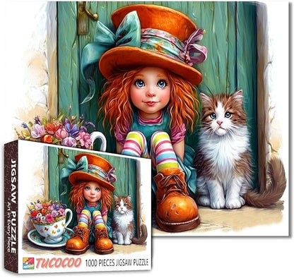 Tucocoo Cute Girl and Cat 1000 Piece Jigsaw Puzzle for Adults, Fantasy Art Puzzle with Tea Cup Flowers, Colorful Socks, Big Hat, Cozy Cottage for Relaxation and Gifts, Challenging Puzzles, Home Decor