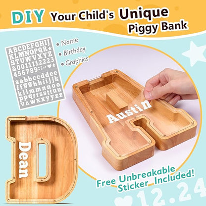 SummiDate Wooden Letter Piggy Bank| Piggy Bank for Boys Girls Toddler| Alphabet D Money Bank| Coin Bank Birthday Gift for Kids|Birthday Gift for Kids (D)