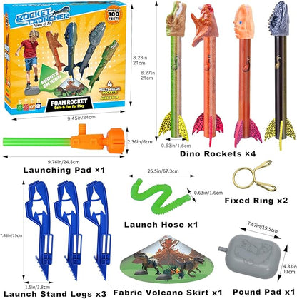 Dinosaur Rocket Launcher for Kids, 4 Rockets with Launcher Pad, Launch Up to 100 Ft, Dinosaur Toys for Kids, Outdoor Toys, Birthday Gifts for 3 4 5 6 7 Year Old Boys Girls