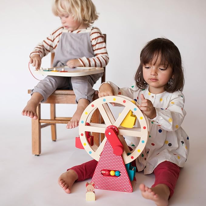 Petit Collage Ferris Wheel Carnival Wooden Toy, 2 Animal Characters Included – Pre-Assembled Wooden Ferris Wheel Toy with Sturdy Wood Construction, Non-Toxic and Safe for Kids, Ideal for Ages 3+