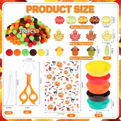 344 Pcs Fall Sensory Bin Filler Fine Motor Toys Counting Sorting Sensory Bins Pom Poms Pumpkins Acorns Maple Leaves Corn Sorting Cups Tweezers Clips Storage Bags for Fall Festival Games