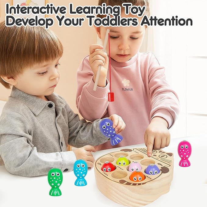 Wooden Magnetic Fishing Game for Toddlers 3-5,Montessori Preschool Education Activities Learning Fine Motor Skills Color Sorting Magnet Fish Toys Easter Gift for Boys Girls