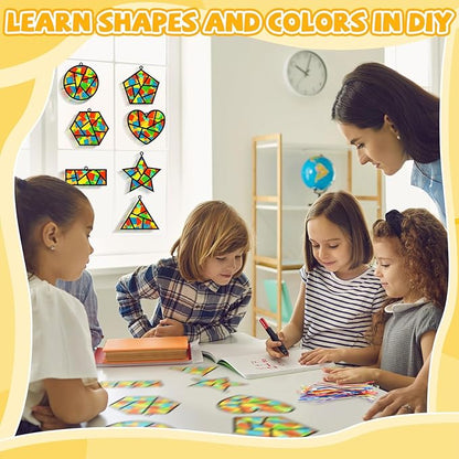 32 Sets Back to School Geometric Recognition Suncatchers Craft DIY Window Stained Glass Effect Star Paper Crafts Home School Classroom Decor Kid Birthday Gift Creative Art Project Activity Game