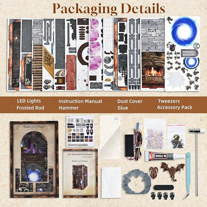 Book Nook Kit, DIY Miniature Dollhouse Booknook Kit, 3D Wooden Puzzle Bookend Bookshelf Insert Decor with LED Light for Teens and Adults (Blade and Magic)