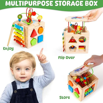8-in-1 Wooden Baby Activity Cube - Xylophone, Shape Sorter, Abacus| 1st Birthday Gift Toys for One 1 2 3 Year Old Boy Girl | Montessori Educational Learning Toddler Toy| Bonus Sorting & Stacking Board