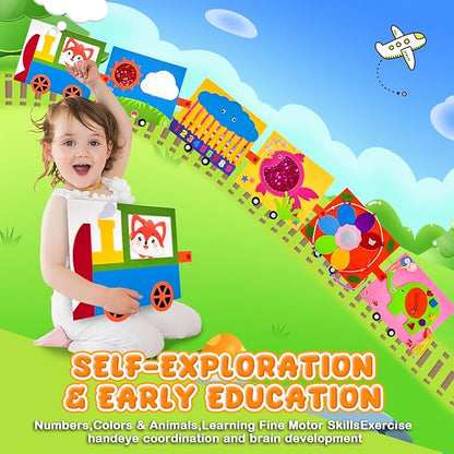 Train Activity Busy Board for Toddlers, Montessori Sensory Toys Panel for Kids, Learning Activity Center for Playroom, Daycare, Nursery, Classroom, Educational Toys for Toddler