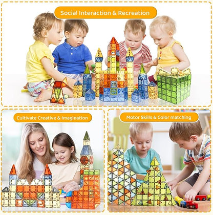 120 PCS Magnetic Tiles, Diamond Magnet Tiles with 2 Cars Magnetic Blocks STEM Toys 3D Kids Preschool Educational Sensory Toys Gift for Toddlers Kids Boys Ages 3 4 5 6 7 8 9+ Year Old