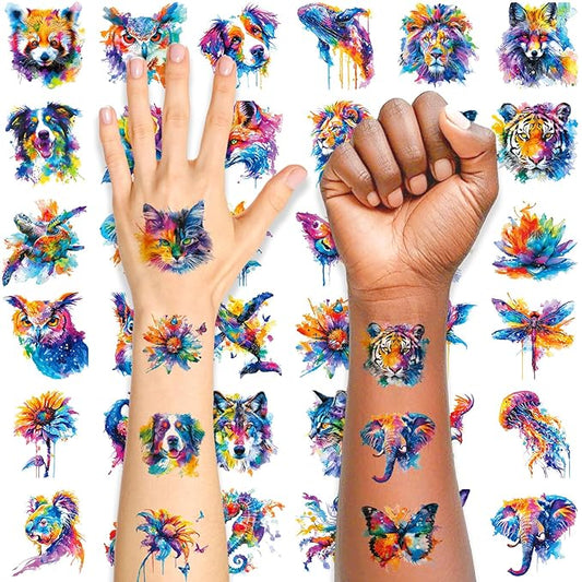 Aresvns Watercolor Cute Animals Temporary Tattoos for Kids, 117 Patterns Kwaii Lion Dog Wolf Owl Butterfly Tattoo for Girls Boy Tiny Tattoo for Birthday Party Decoration Supplies Summer Accessories