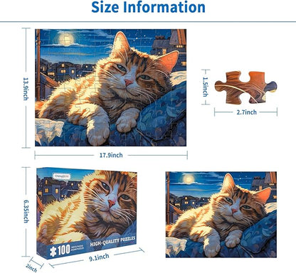 100 Piece Puzzles for Kids, Sleepy Cat 100 Piece Puzzles for Adults, Side Lying Cat Puzzle Cozy Scene Puzzle, Cute Kitten Jigsaw Puzzles 100 Pieces for Seniors Teens Kids Ages 6-10