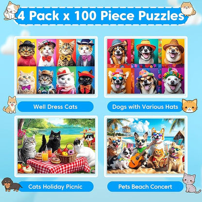 4 Packs 100 Piece Puzzles for Kids Ages 4-6 6-8 8-10, Lovely Cats Dogs Kids Puzzles Ages 5-8 100 Piece Large Jigsaw Puzzles for Adults Seniors Educational Toys Gifts for Girls Boys