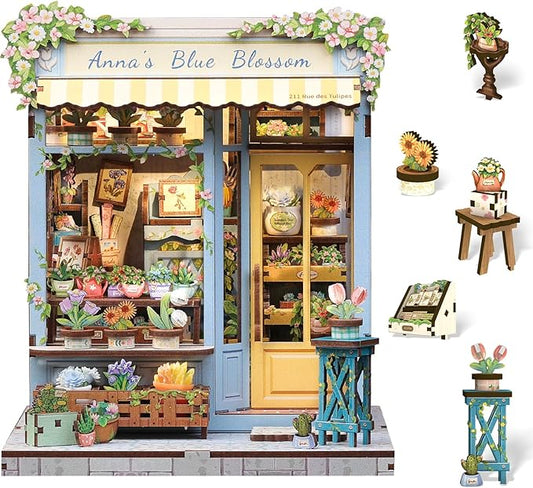 Cutefun Book Nook Kit - DIY Miniature House Kit for Adults and Teens, 3D Wooden Puzzle Mini House Building Kit with LED, Dollhouse Kit Bookshelf Insert Decor Creative Gifts (Anna's Blue Blossom)
