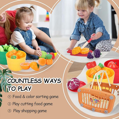 Shopping Cart with Cutting Play Food Set for Kids Kitchen, 2 in 1 Shopping Cart for Kids Grocery Store Pretend Play Kitchen Accessories Sorting Food Bucket Learning Toys Gift for Toddler 3-5