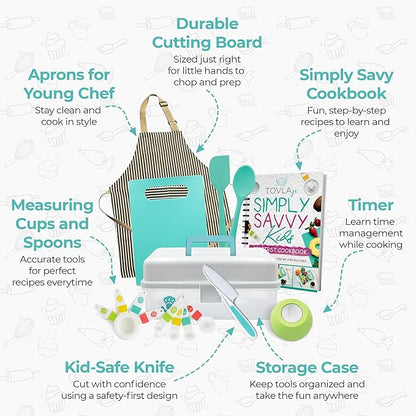 Tovla Jr. Kids Real Cooking Set | Cooking Tools for Kids Ages 5–12 | Montessori-Inspired Beginner Kitchen Kit with Visual Recipe Cookbook & Storage Case | Christmas & Birthday Gift for Boys & Girls