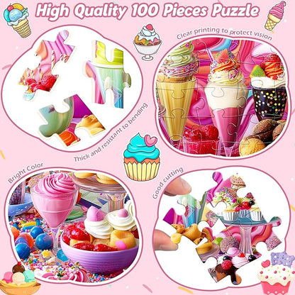 Puzzles for Kids Ages 4-8,100 Piece Puzzles for Kids Ice Cream Puzzle for Kid Ages 4-6 6-8 8-10 Large Piece Jigsaw Puzzle for Children Senior Adult Educational Puzzle Toys Preschool Birthday Gifts