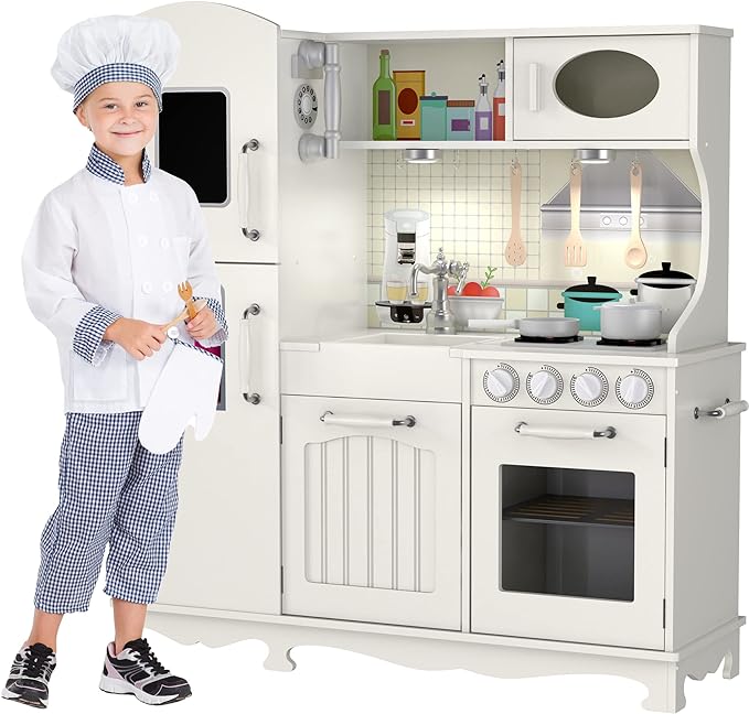 Wooden Play Kitchen for Toddlers & Kids – Pretend Kitchen Set with Sink, Oven, Stove, Microwave, Lights & 9 Accessories – Durable Wooden Kitchen Toy for Ages 3–8 – by Kiddery Toys
