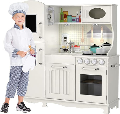 Wooden Play Kitchen for Toddlers & Kids – Pretend Kitchen Set with Sink, Oven, Stove, Microwave, Lights & 9 Accessories – Durable Wooden Kitchen Toy for Ages 3–8 – by Kiddery Toys