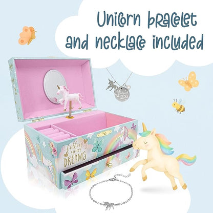 The Memory Building Company Unicorn Musical Jewelry Box, Classic Melody Storage Organizer Kids Ages 6-12, Wood Construction w/ 2 Compartments
