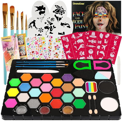 Face Painting Kit for Kids 24 Colors Water-Based Non-Toxic Face Paint Palette With Brushes&Stencils, Hair Chalk, Gems, Glitters, Crayon, Halloween Makeup Kit for Parties, Cosplay, Face Body Art