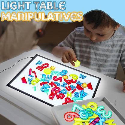 LED Light Panel for Kids and 268 Pcs Translucent Pattern Blocks Geometric Solids Colorful Plastic Letters and Numbers for Kids Sensory Play Exploration Counting Spelling Supplies
