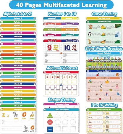 Handwriting Practice - Tracing Books for Kids Ages 3-5, Montessori Preschool Learning Activity, Autism Educational Learn Number Letters Shapes Animal & Sight Words Workbook with 8 Dry Erase Markers