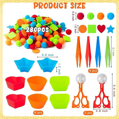 EZdhuawuse Shape Sensory Bin Fillers - 295P Summer Shape Fine Motor Skills Toys Counting Sorting Set for Kids Early Education, Felt Decor Pom Poms Cup Clip for Preschool Counting Sorting Training