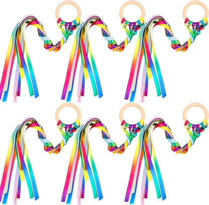 Sumind 6 Pcs Rainbow Ribbon Hand Kites Wands for Kids Dancer Streamer String Toy Thrown Waldorf Wand with Wooden Ring Wand Learning Educational(Warm Colors)
