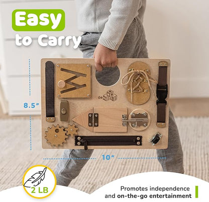 Montessori Busy Board for Toddlers, Premium Wooden Toddler Busy Board for 1 2 3 Year Old with 10 Educational Activities for Fine Motor Skills, Sensory Activity Toy for Travel, Gift for Boys & Girls