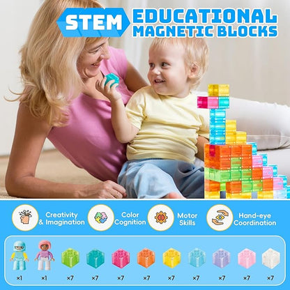 Magnetic Blocks Set, Magnet Building Blocks with Toy Figurine and Storage Bag for Kids Gifts, STEM Educational Preschool Sensory Toys for Toddlers Boys Girls Ages 3-12(Transparent)