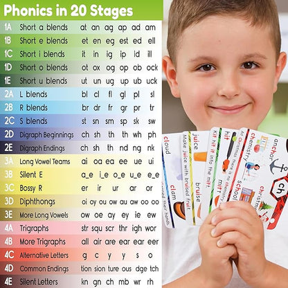 THE BAMBINO TREE Phonics Flash Cards - Learn to Read in 20 Phonic Stages - Education for Kids Ages 4-8 Kindergarten 1st 2nd Grade