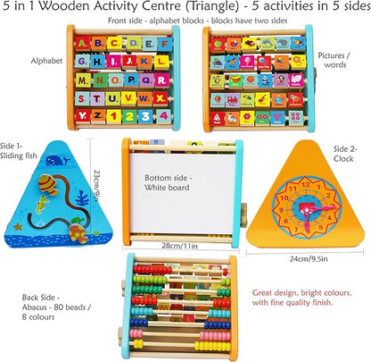 TOWO Wooden Activity Centre Triangle Toys - flip Flop Alphabet Blocks Abacus Clock - Activity Cube for Toddlers 5 in 1- for Babies Montessori Learning-Wooden Toys for 1 Year Old