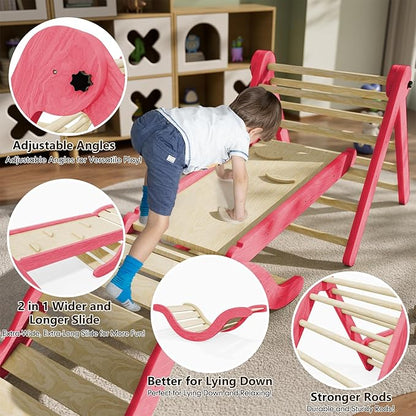 Pikler Triangle Set Climber 5 in 1, Toddler Climbing Toys Indoor Folding with Ramp & Arch & Mat for Montessori Play Gym for Toddlers and Kids (Pink)(105" Wx25 Dx31.5 H)