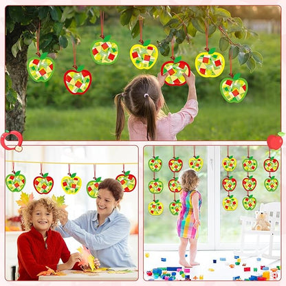 Qyeahkj 36 Set Fall Apple Suncatchers Crafts for Kids DIY Autumn Window Tissue Paper Craft Kit Hanging Decor for Classroom Home Activity Art Project Birthday Party Favor Gift