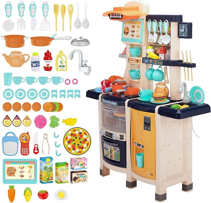 SANDINRAYLI 65Pcs Kids Kitchen Playset, Kitchen Toys, Large Toddler Play Kitchen Sets for Kids Ages 4-8, Pretend Toddler Kitchen for Girl & Boy 3-5, Baby Kitchen with Simulated Sound, Light, Blue