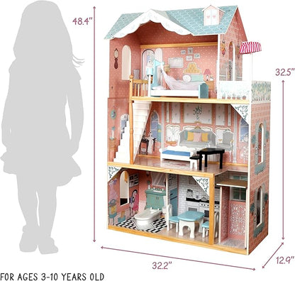 Lil' Jumbl Kids Wooden Dollhouse with Elevator, Balcony & Stairs, Accessories & Furniture Included, 3 Story Easy to Assemble Blue Dollhouse Toy - X-Large