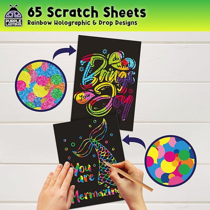 PURPLE LADYBUG Rainbow Scratch Art Paper, 79 PCS Creative Drawing Paper & Stencils - Arts and Crafts for Ages 4-12, Kids Craft Activity Set for Halloween, Christmas Gift, Birthday Party Games