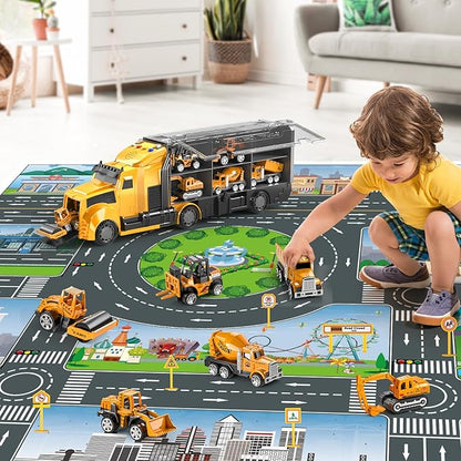 Construction Trucks Toy Set with Play Mat, Carrier Truck Play Vehicles Set for 3 4 5 6 Years Old Boys Kids, Die-Cast Car Toy for Toddlers 3-4 Years, Birthday Gifts Toys for 3-9 Year Old Boys