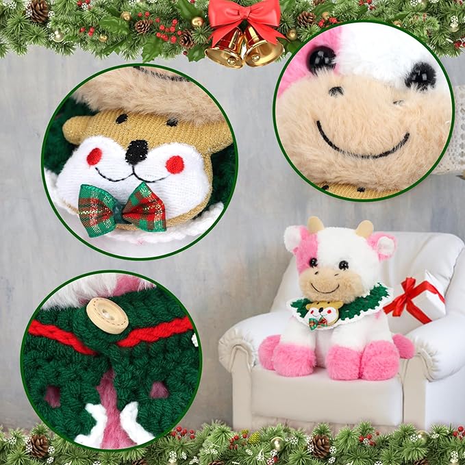 Hopearl Adorable Christmas Plush Cow Toy Floppy Dairy Cattle Soft Stuffed Animal Cute Xmas Gifts for Boys Girls Kids Toddlers, Pink, 9''