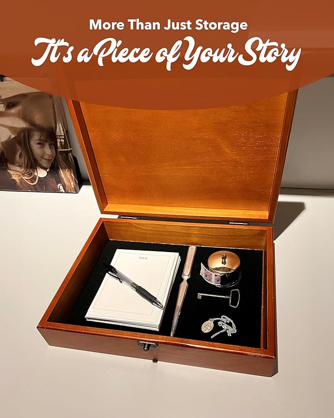 WE Games Wooden Memory Box for Keepsakes – Vintage Decorative Storage Box with Lid - Light Cherry Finish with Image Color Print